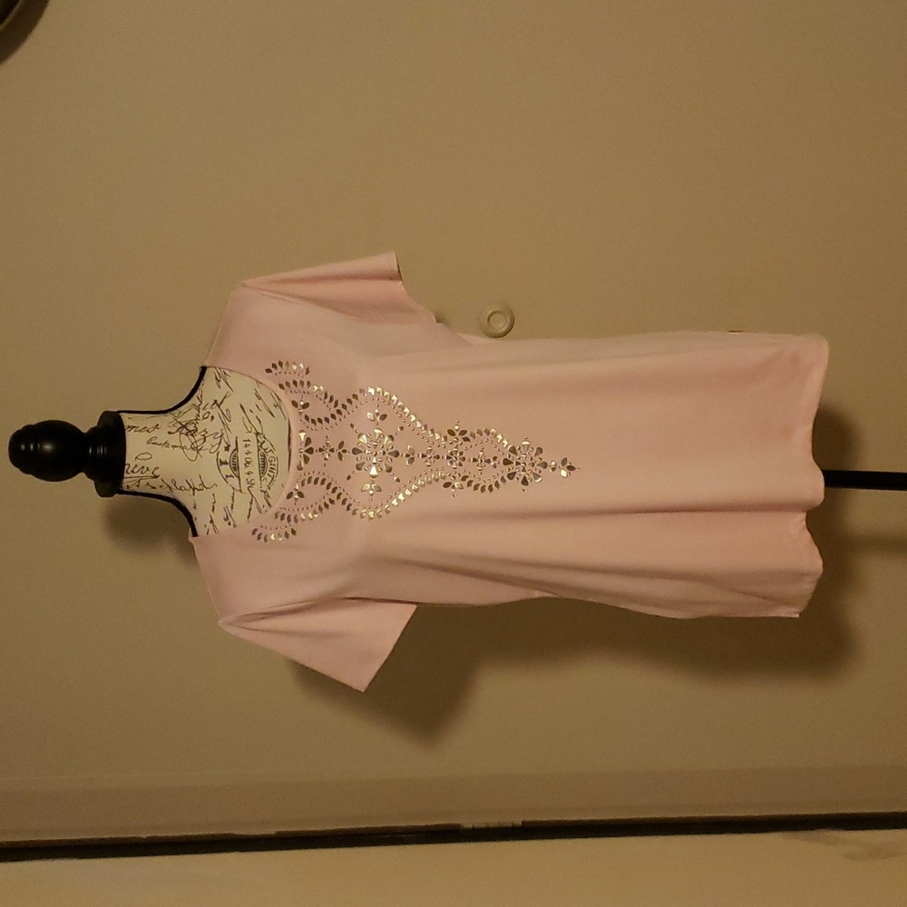 Ruby Road Lady's ScoopNeck Tunic Sleeved Blush Pink Irredescent Embellishments
